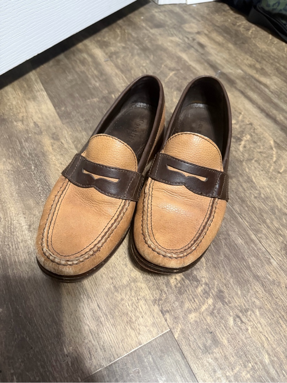 Cole Haan Two-Tone Tan and Dark Brown Leather Penny Loafers